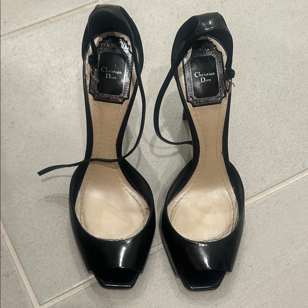 Vintage Dior Black Patent Leather Peep Toe Heels